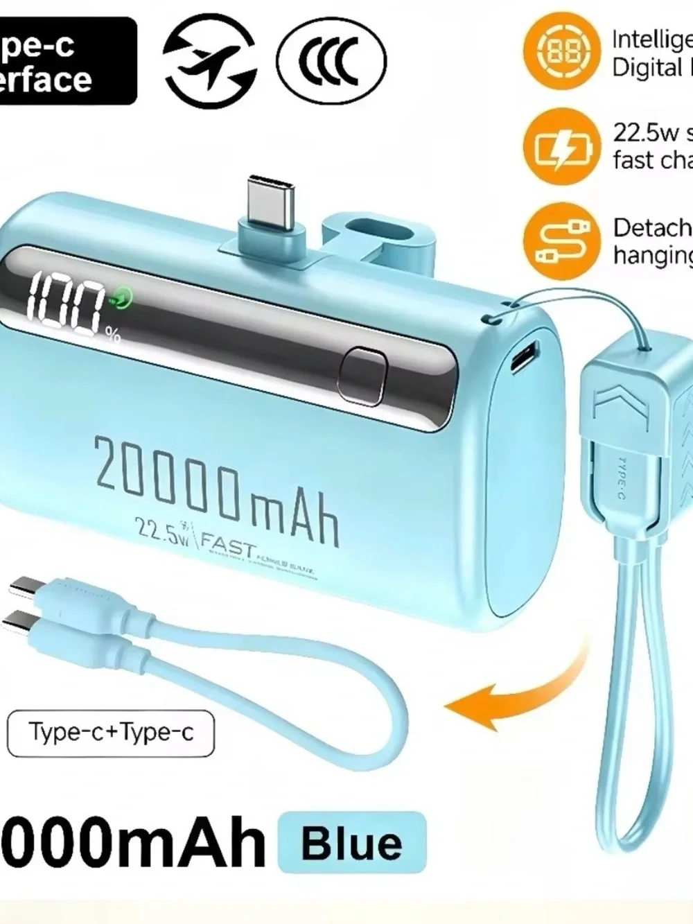 Purple 20000mAh Portable Power Bank with Type-C Fast Charging